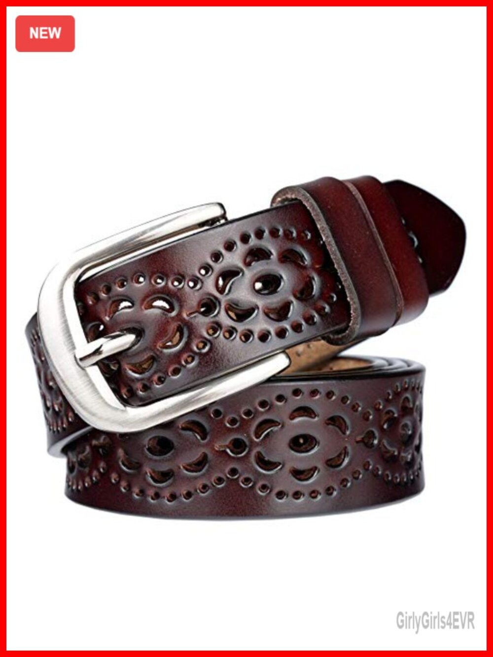 Genuine Leather Belt Hollow Floral Pin Buckle Adjustable Waist Casual